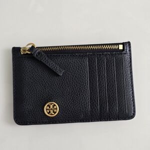 Tory Burch Black Leather Card Wallet with Gold Zipper